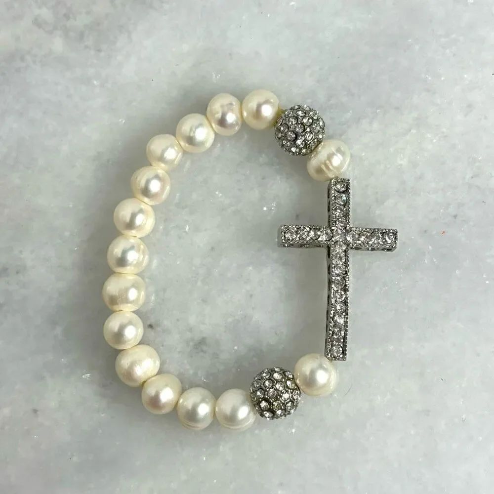 Crystal Rhinestone Cross Faux Pearl Elastic Beaded Bracelet Ivory Silver OS